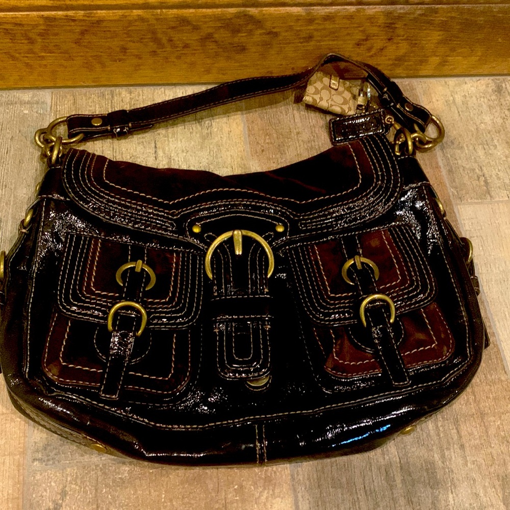 Coach suede and patent brown leather purse